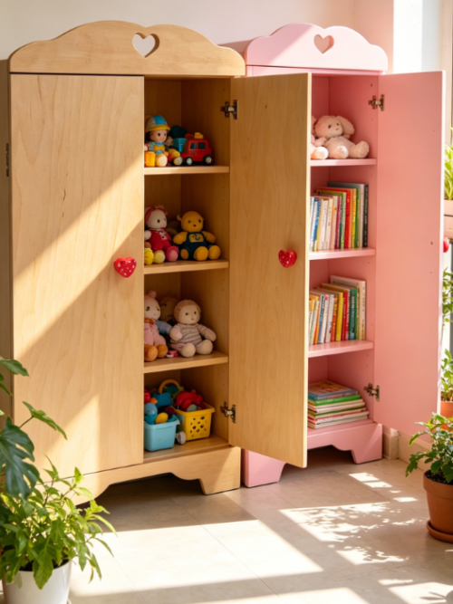 Doll's Wardrobe, Wooden, 2 Doors with Clothes Rail and Shelves, Natural, 23x43x61 cm, for Ages 18+ Months